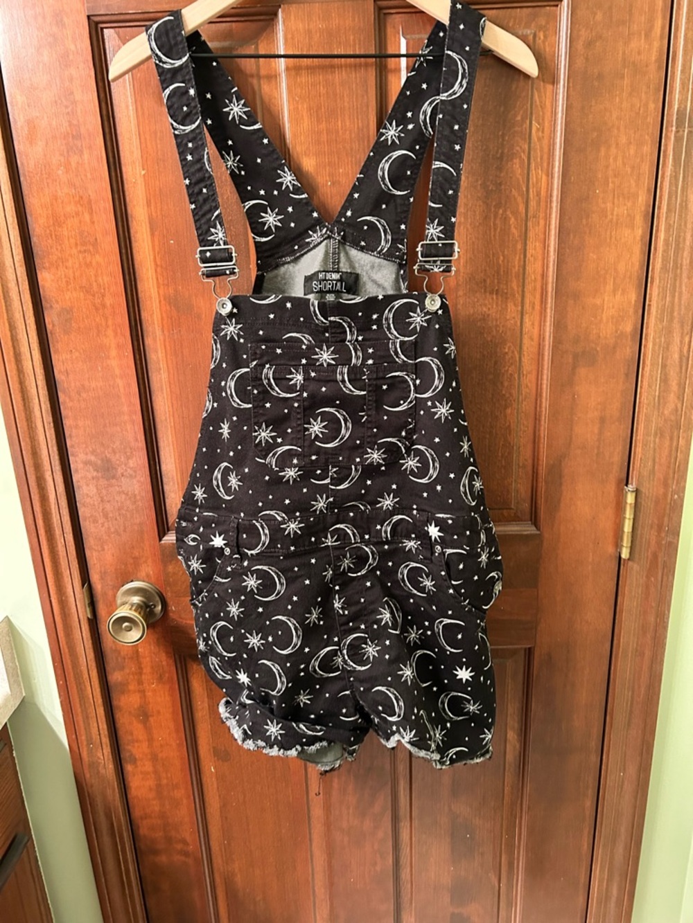Hot Topic Awesome Black Denim Shortall with White Celestial Print. Size XL.